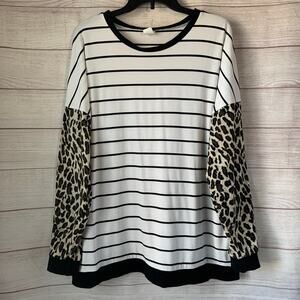 Sunshine & Rodeos Black and White Striped Blouse Leopard Print Sleeves Size XL